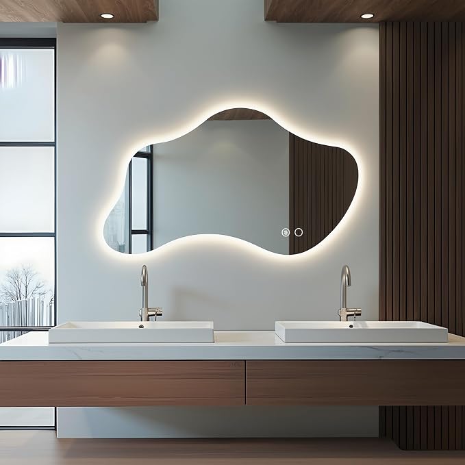 51.2″ Asymmetrical Bathroom Mirror with Lights, LED Irregular Wall Mirror, Abstract Modern Lighted Vanity Mirror for Wall, Anti-Fog, Dimmable, Horizontal/Vertical