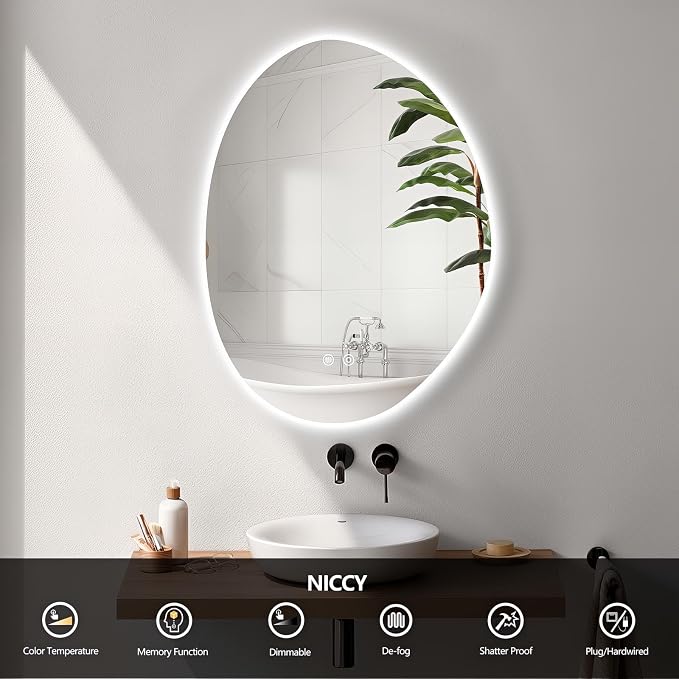 Niccy Irregular LED Bathroom Mirror, 24"x32" Asymmetrical Backlit Vanity Wall Mirrors, Frameless Lighted Mirrors for Bedroom, Living Room, Modern Smart-Mirror with Anti-Fog, Dimmable, Memory Function