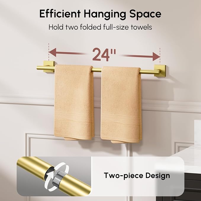 USHOWER Brushed Gold Towel Bar, 24 Inch Towel Racks for Bathroom Wall Mounted, 304 Stainless Steel Towel Holder with Square Base, Modern Home Decor (Total Length 26 Inch)