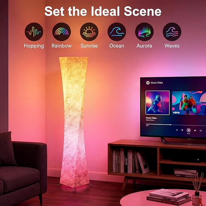 61'' Square Floor Lamp, RGB LED Corner Floor Lamp with Music Sync, 16W+ Colors & 3 Color Temperatures, APP & Remote Control, Modern Standing Lamp for Living Room Bedroom