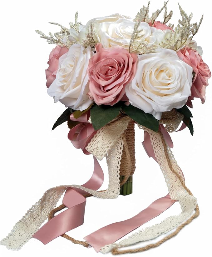 Wedding Bouquets for Bride, Champagne White & Pink Bridal Bridesmaid Wedding Flowers, Artificial Toss Rose for Civil Ceremony (Jute Rope Handle)