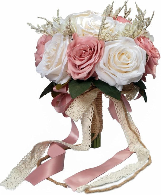 Wedding Bouquets for Bride, Champagne White & Pink Bridal Bridesmaid Wedding Flowers, Artificial Toss Rose for Civil Ceremony (Jute Rope Handle)
