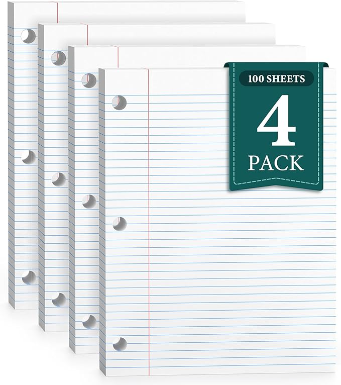 PINJINGPRO College Ruled Loose Leaf Paper, 3 Hole Punch Paper 8 x 10.5, Notebook Paper, Filler Paper for 3 Ring Binders, Lined Paper College Ruled, 100 Sheets/Pack Writing Paper With Lines (4 Pack)