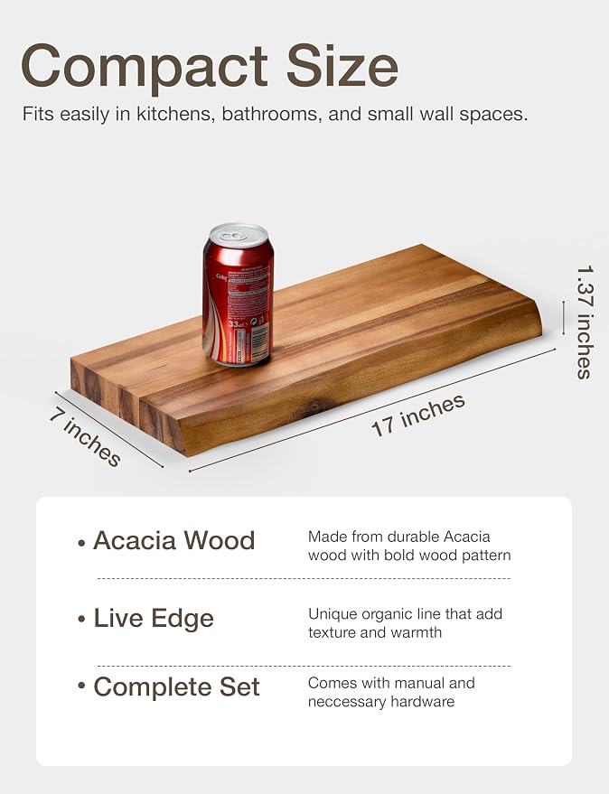 BATODA 17” Acacia Live Edge Floating Shelves, Wooden Floating Shelves for Wall - Set of 2 Floating Book Shelves, Book Shelf for Wall, Bathroom, Kitchen - Mounted Shelf, House Decor with Hardware