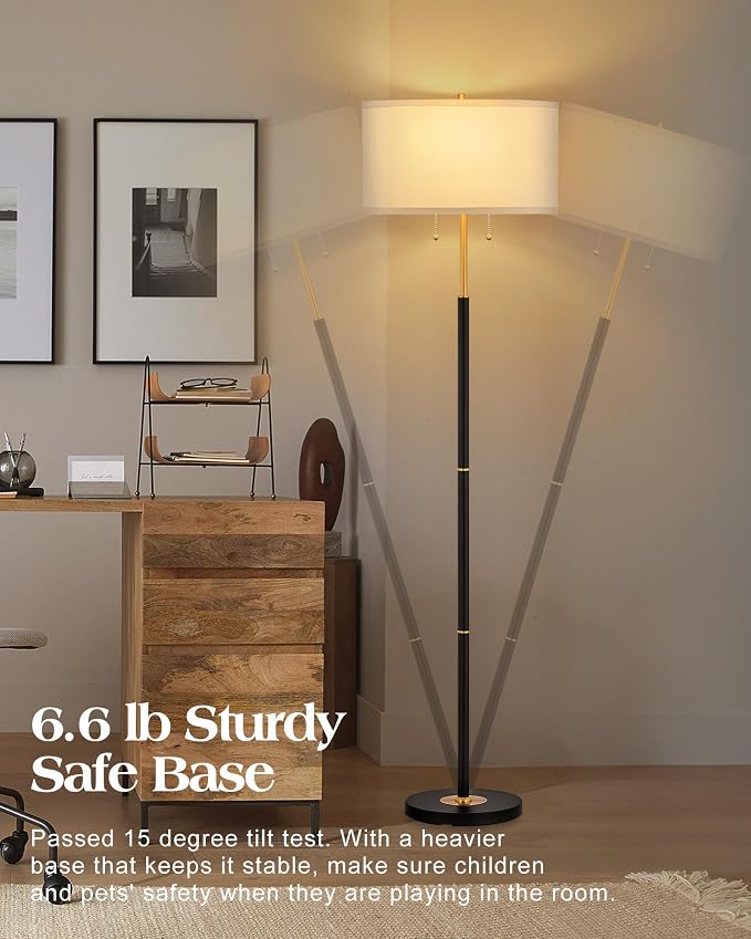 ELYONA 2-Light Floor Lamp Modern Reading Standing Light White Fabric Shade Vintage Tall Pole Corner Lamp for Bedroom Living Room Office 3 Color Temperatures LED Bulbs Include, Black & Brushed Gold