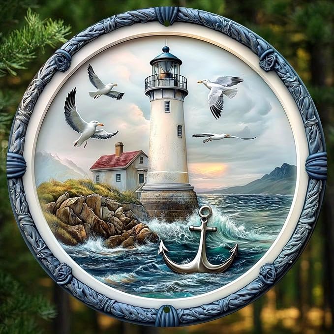 1pc Vintage Lighthouse Aluminum Wall Art Sign - Seagulls and Ocean Theme Metal Decor - Weatherproof, No Battery Needed - Ideal for Home, Fits Christmas, Valentine'S Day8x8 inches