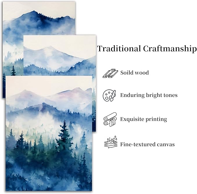 SERIMINO Nature Landscape Canvas Wall Art for Living Room, Forest Mountain Canvas Prints Paintings, Blue Modern Farmhouse Wall Decor for Bedroom Bathroom Set of 3, 12"X16"