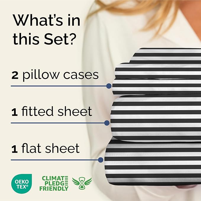 Striped Sheets - Black & White Striped Sheets - 1 Flat & 1 Fitted & 2 Pillowcases w/ Deep Pockets – Wrinkle & Fade Free - Soft, Breathable and Cooling – Luxury Pinstripe Bedding - King Size Bed Set