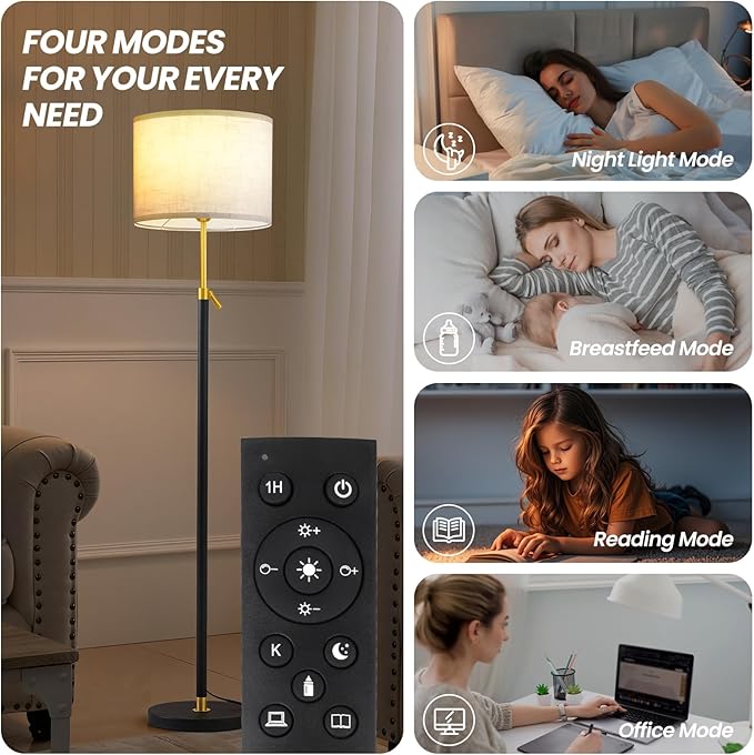 Floor Lamp for Living Room and Bedroom - 55"- 67" Height Adjustable Standing Lamp with 3 Color Dimmable 12W LED Bulb and Remote - Tall Stand Light with Shade for Corner Lighting ( Black & Gold )