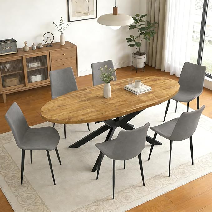 63"-78.7" Extendable Round Dining Table Set for 6, 7 Piece Mid Century Modern Oval Kitchen Table Set, Large Dining Table with 6 Dining Chairs for Living Room Space Saving（Walnut Table+6 Grey Chairs)