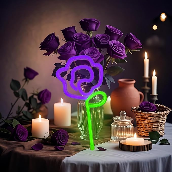 Neon Purple Rose Sign - purple rose Flower with Green Stem Neon Light USB or 3-AA Battery Powered for Girls Room Birthday Party Wedding Lighted Flower Wall Decor (Purple)