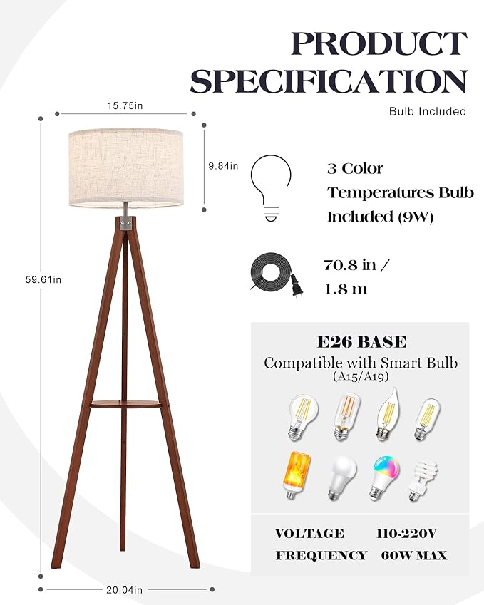 ELYONA Mid Century Floor Lamp with 3 Color Temperatures LED Bulb, Modern Wood Tripod Table Reading Standing Light, Wooden Shelf Floor Lamp for Farmhouse Living Room Bedroom Office Linen Shade Brown