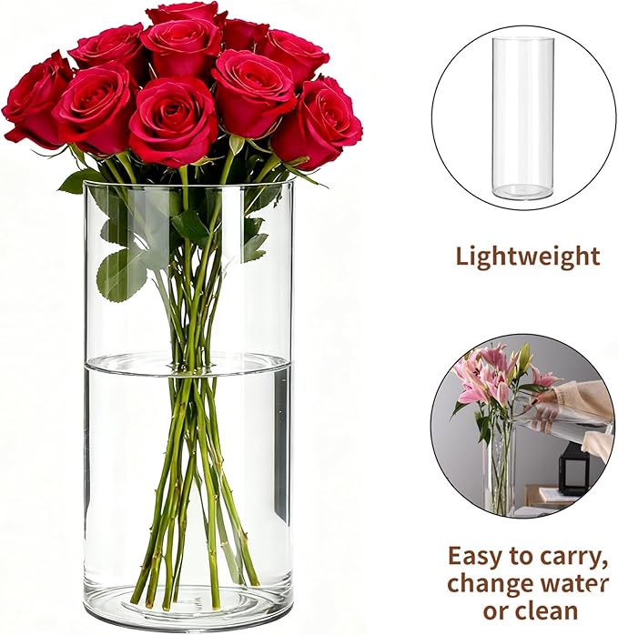 2 Pack Acrylic Cylinder Vases, Non-breakable Vase for Centerpieces, 8 inch Tall Clear Flower Vase Bulk Floating Candle Holder for Wedding Table Home Decor and Party