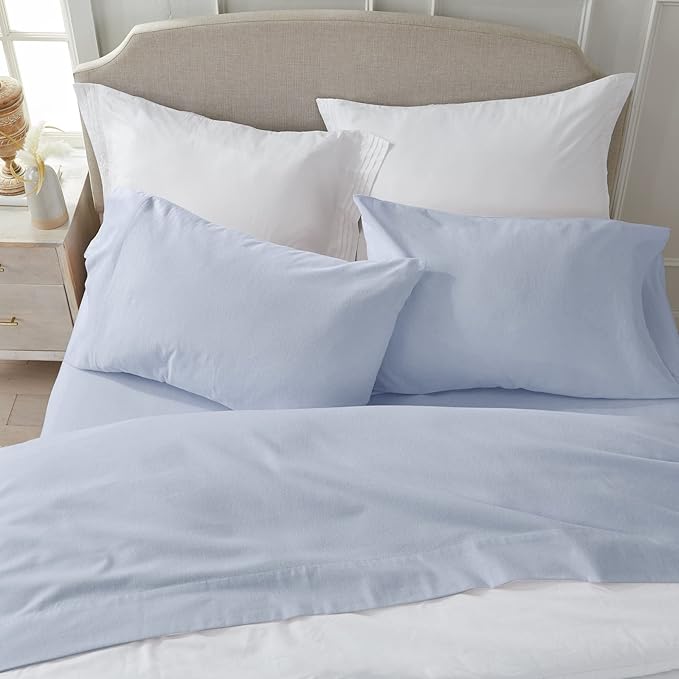 Market & Place 100% Turkish Cotton Flannel Sheet Set | 3 Piece Deep Pocket Solid Cozy Winter Bed Sheets | Double Brushed for Extra Softness & Comfort | Chalet Collection (Twin, Light Blue)