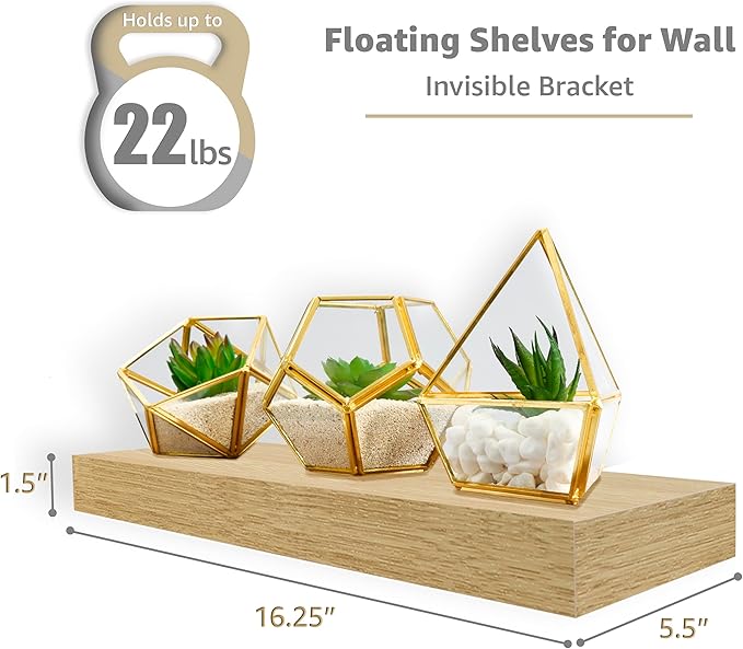 Sorbus Floating Shelves for Wall – 16 Inch Floating Shelf for Kitchen, Bedroom, Living Room, Bathroom, Home & Wall Decor - Mounted Bathroom Shelves with Invisible Brackets (Maple Wood, 2 Pack)