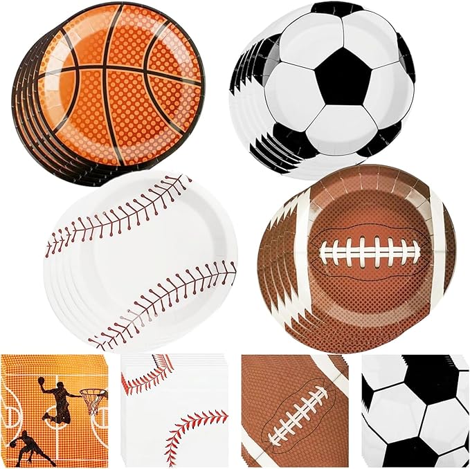 80 PCS Sports Birthday Party Decor, Sports Themed Plates Napkins Basketball Football Soccer Baseball Rugby Disposable Tableware Set for Baby Shower Boy Birthday Christmas Party Supplies (Serves 40)