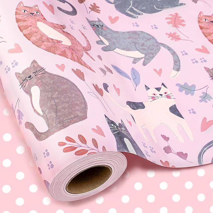 Burymento Reversible Cat Design Wrapping Paper Roll - Pink and white polka dot design on the other side, suitable for Valentine's Day, Birthday, Mother's Day, Wedding, Baby Shower