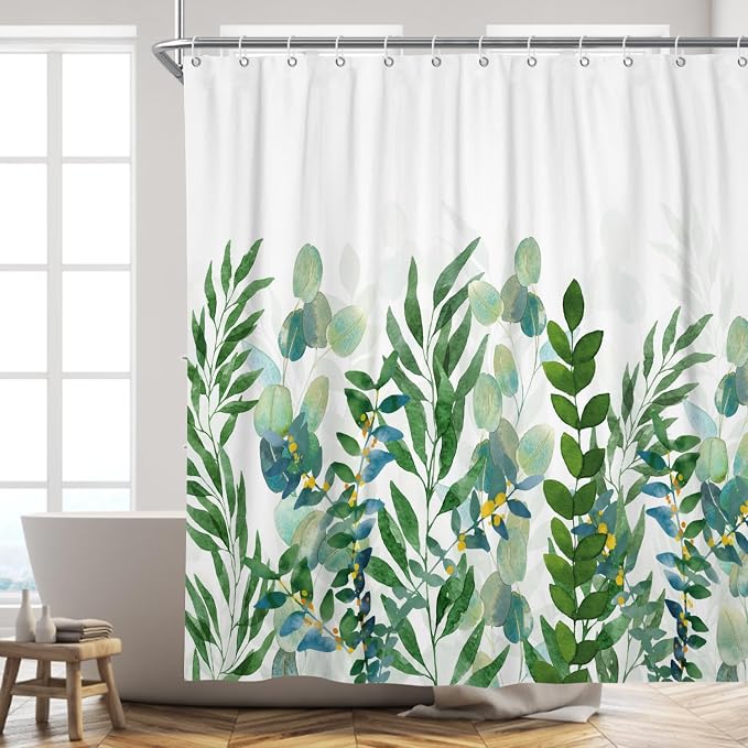 Spring Shower Curtain, Watercolor Mint Green Leaf Shower Curtain, Sage Green Plant Leaves Eucalyptus Shower Curtain, Greenery Botanical Curtain for Bathroom Country Decor, 72x72in w/12 Hooks
