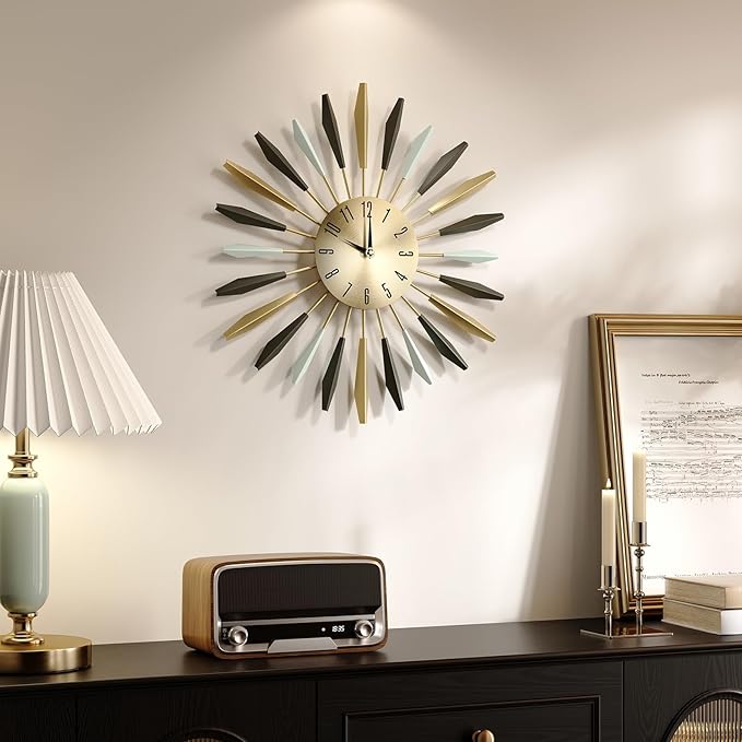 Cuspin Mid Century Modern Wall Clock, 22 Inch Large Metal Wall Clock for Living Room Decor, Colorful Sunburst Starburst Decorative Clocks Silent Battery Operated for Kitchen Bedroom Office