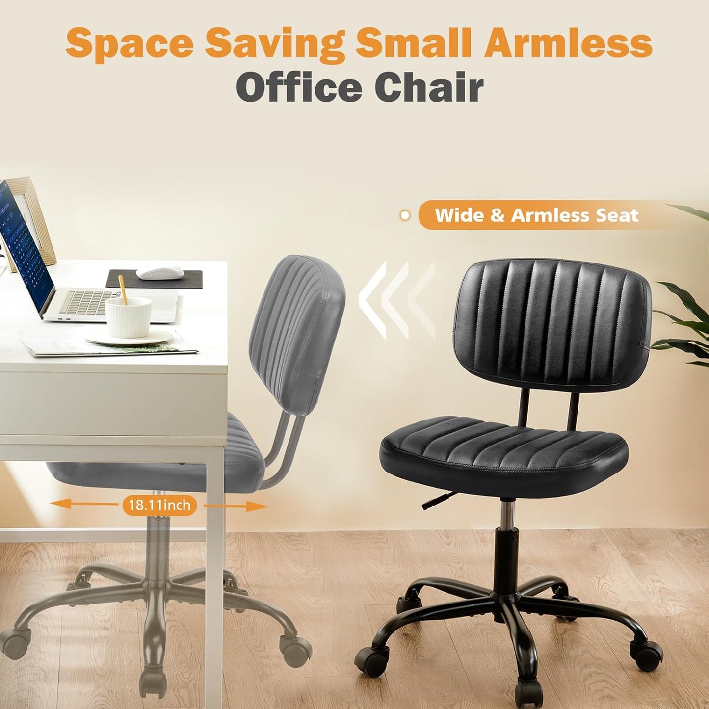 Sweetcrispy Small Office Desk Chair - Armless PU Leather with Comfy Lumbar Support | Height Adjustable, Black