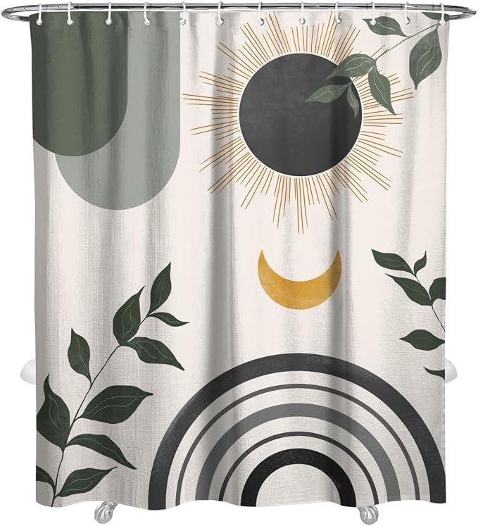 Mid Century Abstract Boho Aesthetic Shower Curtain Set, Gray Nature Leaf Sun Modern Minimalist Home Bathroom Curtain Decor with 12 Hooks 72 Inch Wide * 84 Inch High Grey