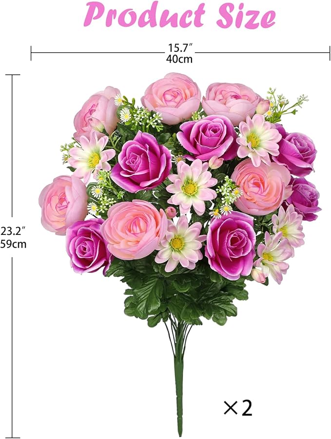 Hollyone Set of 2 Artificial Cemetery Flowers for Grave Memorial Flowers for Cemetery Outdoor Grave Decorations Silk Flower Arrangements Purple Rose Pink Ranunculus Gerbera Floral Flowers Bouquets