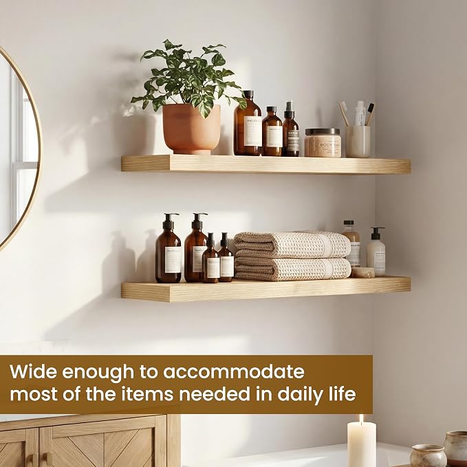 Dreamland Floating Shelves for Wall, 27.5 Inch Long Shelves, Wall Decor for Bedroom, Kitchen, Living Room & Book Storage, Mounted Floating Shelf with Invisible Brackets, Set of 2, Oak