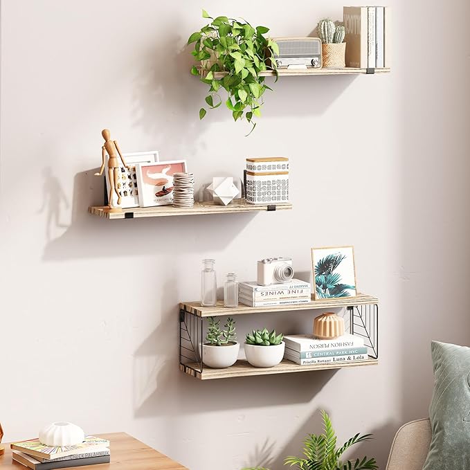 Fixwal Bathroom Floating Shelves Over Toilet, 15.8in Farmhouse Rustic Wood Shelves, Wall Decor for Bathroom, Living Room,Bedroom and Kitchen (3 Plus 1 Tier Rustic Brown)