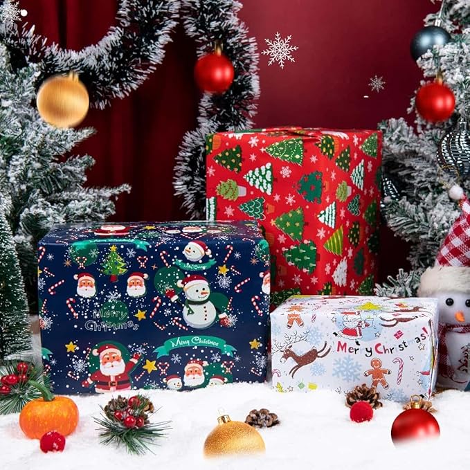Linnoptimix Christmas Wrapping Paper Rolls -3 LARGE ROLL-27inch*78 inch per roll Colorful Foil Red White Blue wrapping paper(Christmas White/Red/Blue（005）)
