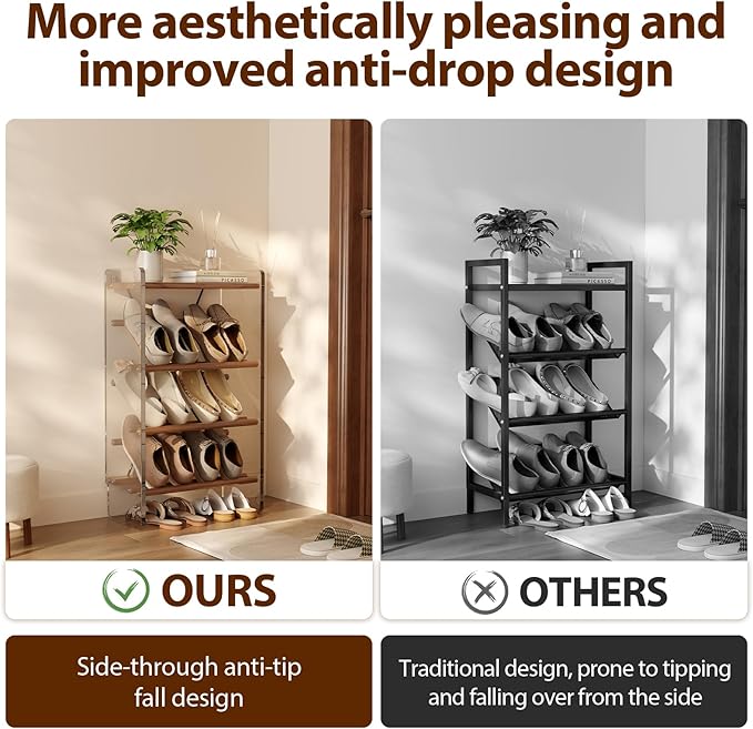 YQJJGL Free Standing Shoe Rack & Closet Shoe Shelf, for Entryway Small Space, Front Door, Garage, 4-Tier Slanted, Solid Wood & Acrylic Frame with Top Shelf Storage