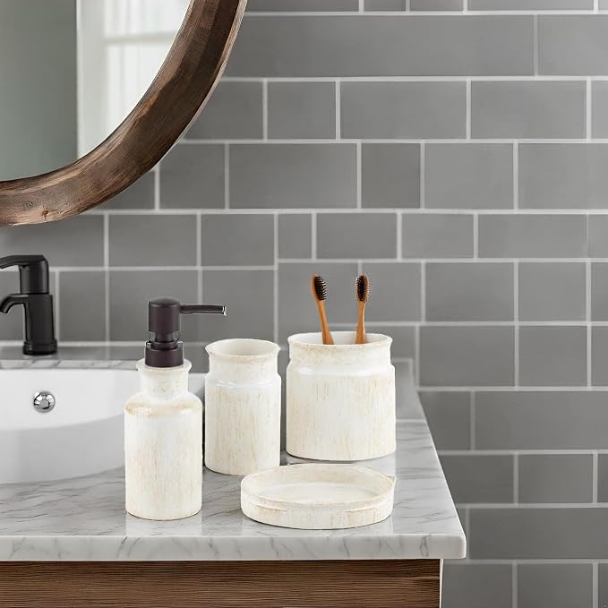 Creative Scents Rustic Luxe Bathroom Accessory Set Complete - 4 Piece Beige Bathroom Soap Dispenser Set has: Lotion Dispenser, Toothbrush Holder, Tumbler & Soap Dish; Modern Farmhouse Bathroom Decor
