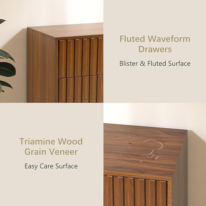 Fluted Dresser for Bedroom with 4 Drawers, 24'' Wide Modern Dresser with Metal Handle, Natural Wood Dressers Organizer with Blister Drawers for Bedroom, Brown