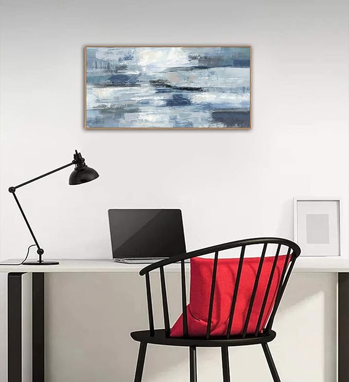 Indigo Framed Wall Art Abstract Ocean Canvas Pictures Blue White Grey Painting Vintage Wall Decor Modern Artwork Prints for Living Room Bedroom Bathroom Office Home Decoration 20"x 40"