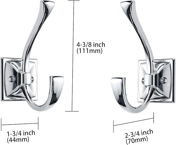Large Wall Hooks - 2 Pack Polished Chrome Coat Hooks for Hanging Coats, Towels, Robes - 4.35 Inch Double Wall Mounted with Screws for Keys, Bags, Cups, Hats