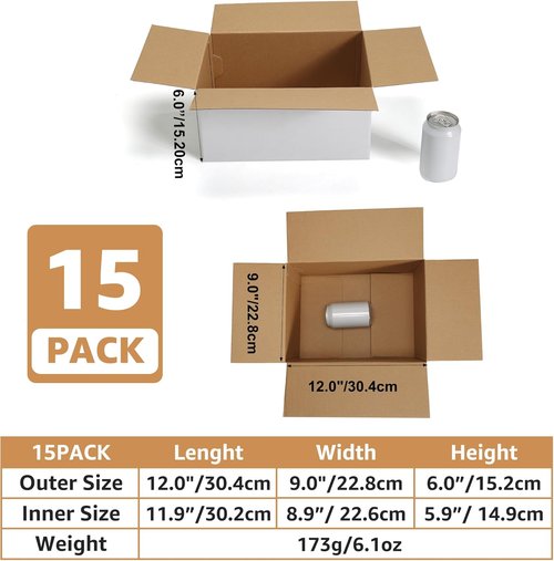 EXYGLO 15 Pack Shipping Boxes - 12x9x6 White Corrugated Cardboard for Packaging & Moving
