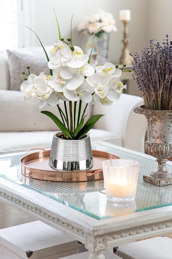 Oairse Artificial White Phalaenopsis Orchid Flower Arrangements Faux Orchid Flower in Silver Pot Orchid Centerpiece for Dining Room Table