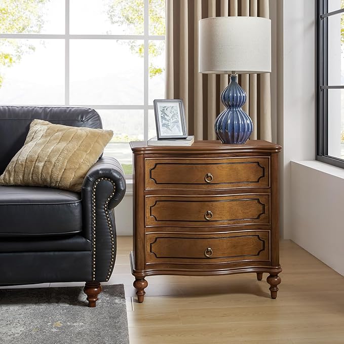 HULALA HOME Traditional Side Table with 3 Drawers, Tall Side Table with Curved Front Profle Desgin, Charging Station, Solid Wood Legs, SEADRIFT