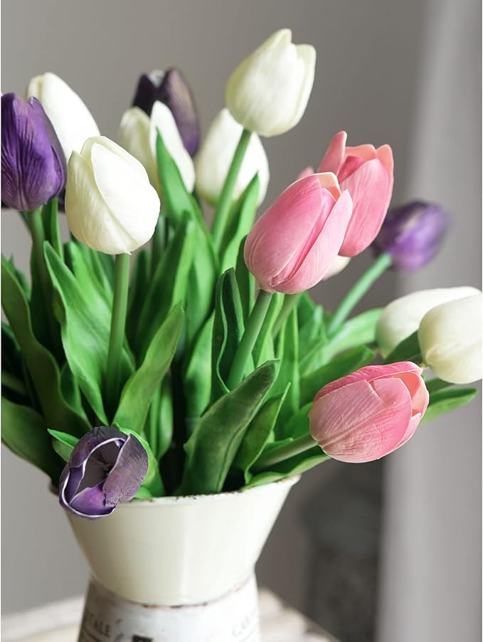 FiveSeasonStuff Real Touch Tulips Artificial Flowers – 15 Stems Faux Tulip Bouquet in Gift Box for Wedding, Home Decor, Party, Floral Arrangements (Amaranth Pink)