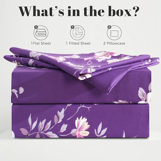 Bedlifes Queen Sheet Set Ultra Soft, Breathable, Silky Flower Deep Pocket 100% Microfiber Bedding, 4 Piece Queen Size Dark Purple Floral