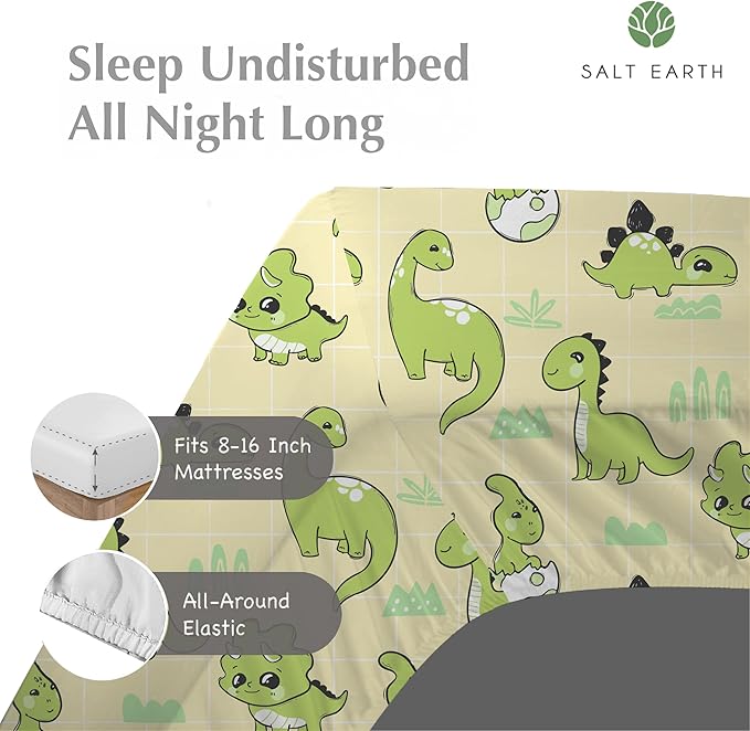 Salt Earth 100% Cotton 210TC Kids Bedsheet, Twin Sheets Set for Toddler Bed, 3 Piece Bedding Set Including Flat Sheet, Fitted Sheet, and Pillowcase, Themed Cute Sheets for a Playful Kids Bed (Dino)