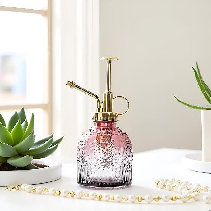 Glass Plant Mister Spray Bottle, 230ML Vintage Plant Spritzer, Succulent Watering Bottle Glass with Top Pump, Small Plants Sprayer Watering Can for Indoor Outdoor House(Red Gray)