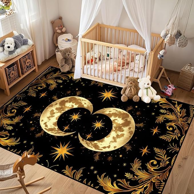 Sun Moon Star Area Rug 2'x3' Golden Boho Carpet Non-Slip Washable Low Pile Floor Mat for Entryway Bedroom Living Room Nursery Playroom Classroom Home Decor