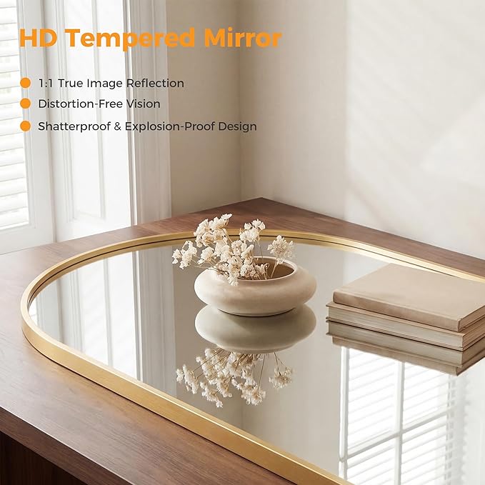 Arched Gold Bathroom Mirrors for Wall, 24x36-Inch Wall Mirror for Over Sink, Vanity Mirror with Matte Metal Frame and HD Shatter-Proof Glass for Entryway, Living Room, Bedroom