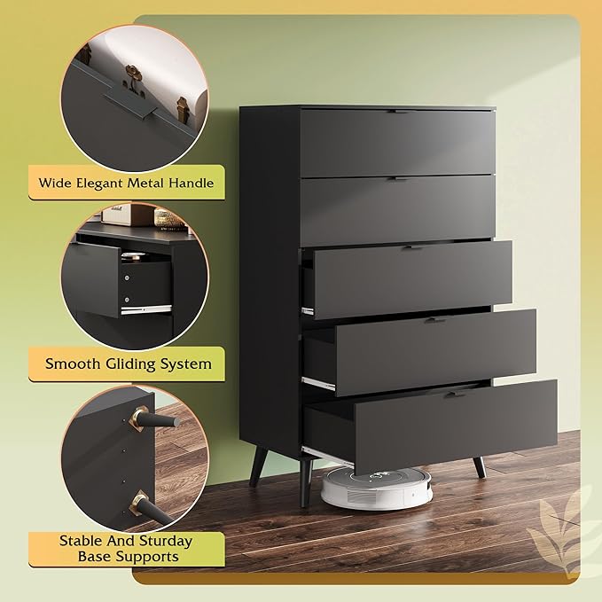 WLIVE 5 Drawer Dresser for Bedroom, Tall Wooden Dresser, Black Dressers Storage Organizer with Sturdy Metal Handle, Chest of Drawers for Living Room, Hallway, Closet