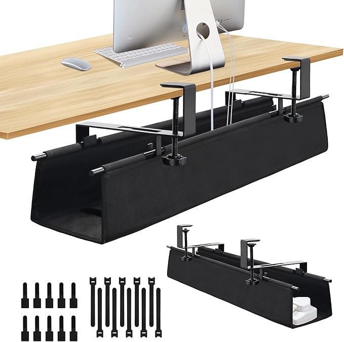 Under Desk Cable Management Tray, Clamp-On Cord Organizer，No Drilling Required, Holds Up to 22 lbs, for Cords, Routers, Power Strips (Black, 28.4inch)