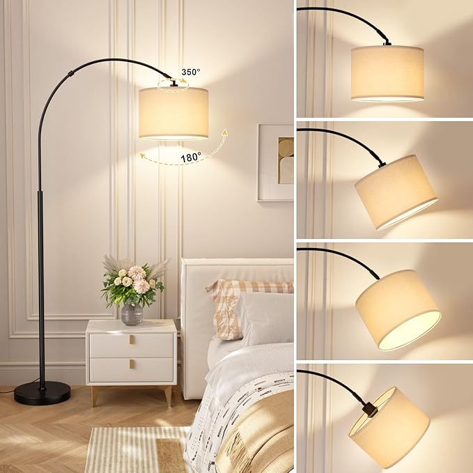 Ambimall 70 Dimmable Arc Floor Lamp with Remote, Color Temperatures and Brightness Adjustable, Arched Floor Lamp with Rotating Head, Over Couch Arched Light for Living Room (Deep Beige and Black)