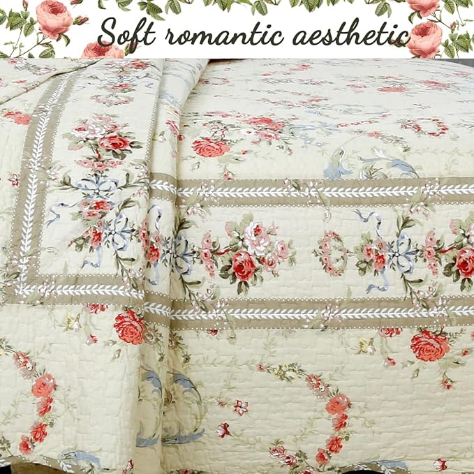 Cozy Line Home Fashions Khaki Cream Yellow Floral Blooming 100% Cotton Reversible Quilt Bedding Set Coverlet Bedspread (Rose Romance, Twin - 2 Piece)