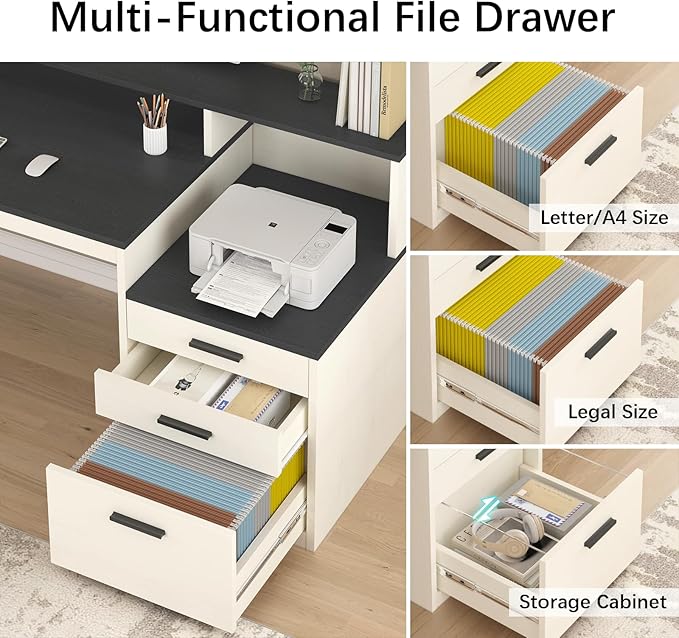 65 Inch Computer Desk with 3 Drawers & Storage Shelves, Executive Desk with File Drawer & Cabinet, Home Office Desk with Long Monitor Stand & Printer Shelf, Black & White