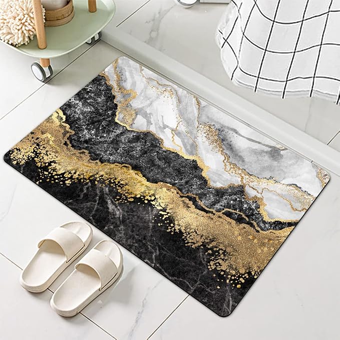 Diatomaceous Earth Bath Mat,Black White Gray Gold Marble Non-Slip Volume Super Absorbent Fast Drying for Bathroom Kitchen Door mat,Eco-Friendly Easy to Clean 16×24Inch (40 * 60cm)