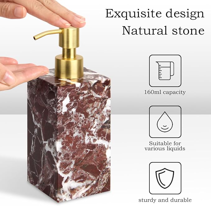 Natural Marble Soap Dispenser for Bathroom and Kitchen Countertop - 5.41 Ounces Hand Lotion and Liquid Stone Shampoo Laundry Bottle with Pump (1, Rosso Lepanto, Rectangular Bottle)